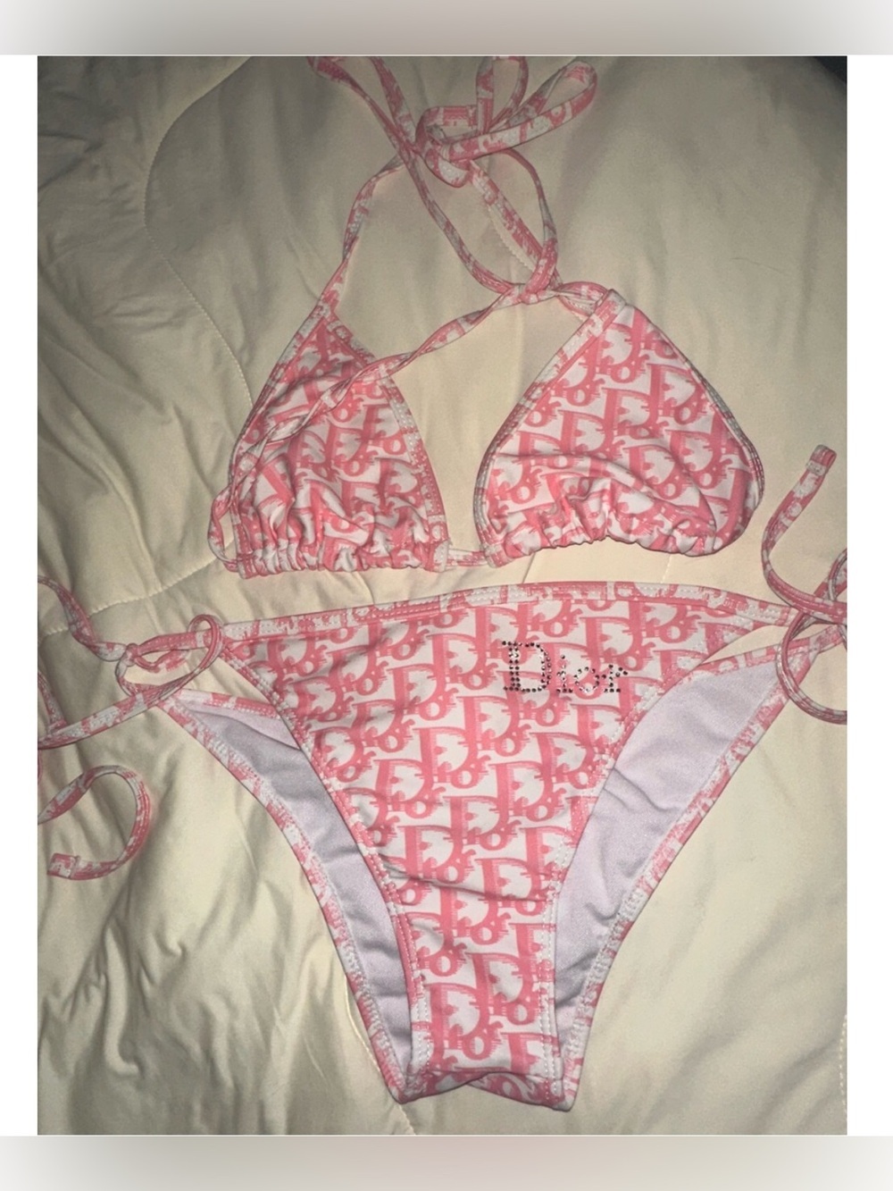 Pink Dior Logo Print Triangle Bikini Set